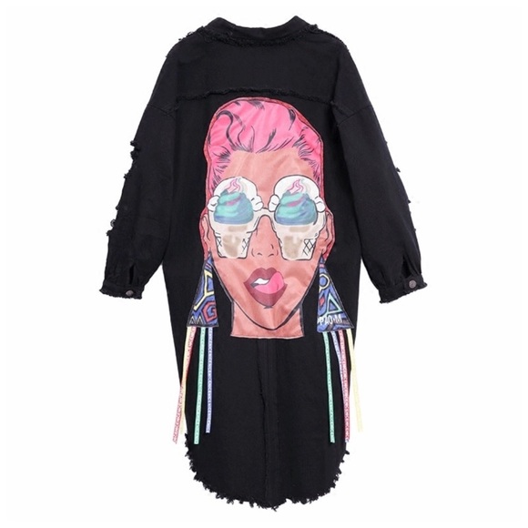 Black Graphic Back Denim Jacket - Picture 2 of 8